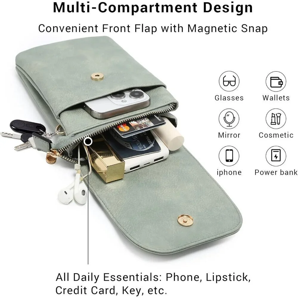 Vegan Leather Small Crossbody Bag for Women 3 Compartments Phone Wallet Travel